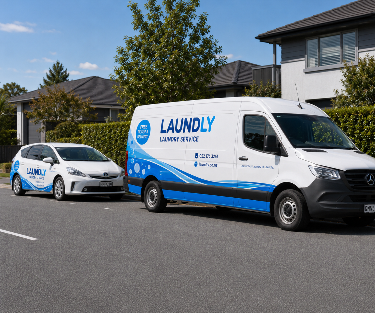 Laundly commercial laundry pickup and delivery vehicles on a Hamilton street
