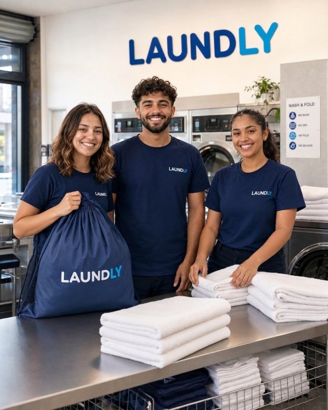 Laundly wash and fold facility with folded towels and branded bag